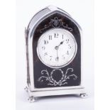 A silver mounted & tortoiseshell mantle clock, with French keyless movement, English silver hallmark