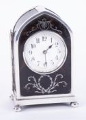 A silver mounted & tortoiseshell mantle clock, with French keyless movement, English silver hallmark