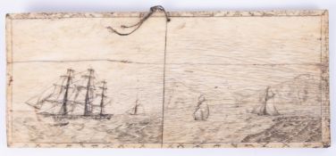 A 19th century Sailors Scrimshaw bone panel, whale bone, decorated with a scene of sailing ships off