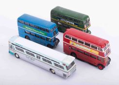 A collection of various model buses including Solido and Corgi.