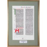 A print of Gutenberg Bible page, framed and glazed, 37cm x 24cm.