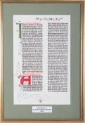 A print of Gutenberg Bible page, framed and glazed, 37cm x 24cm.