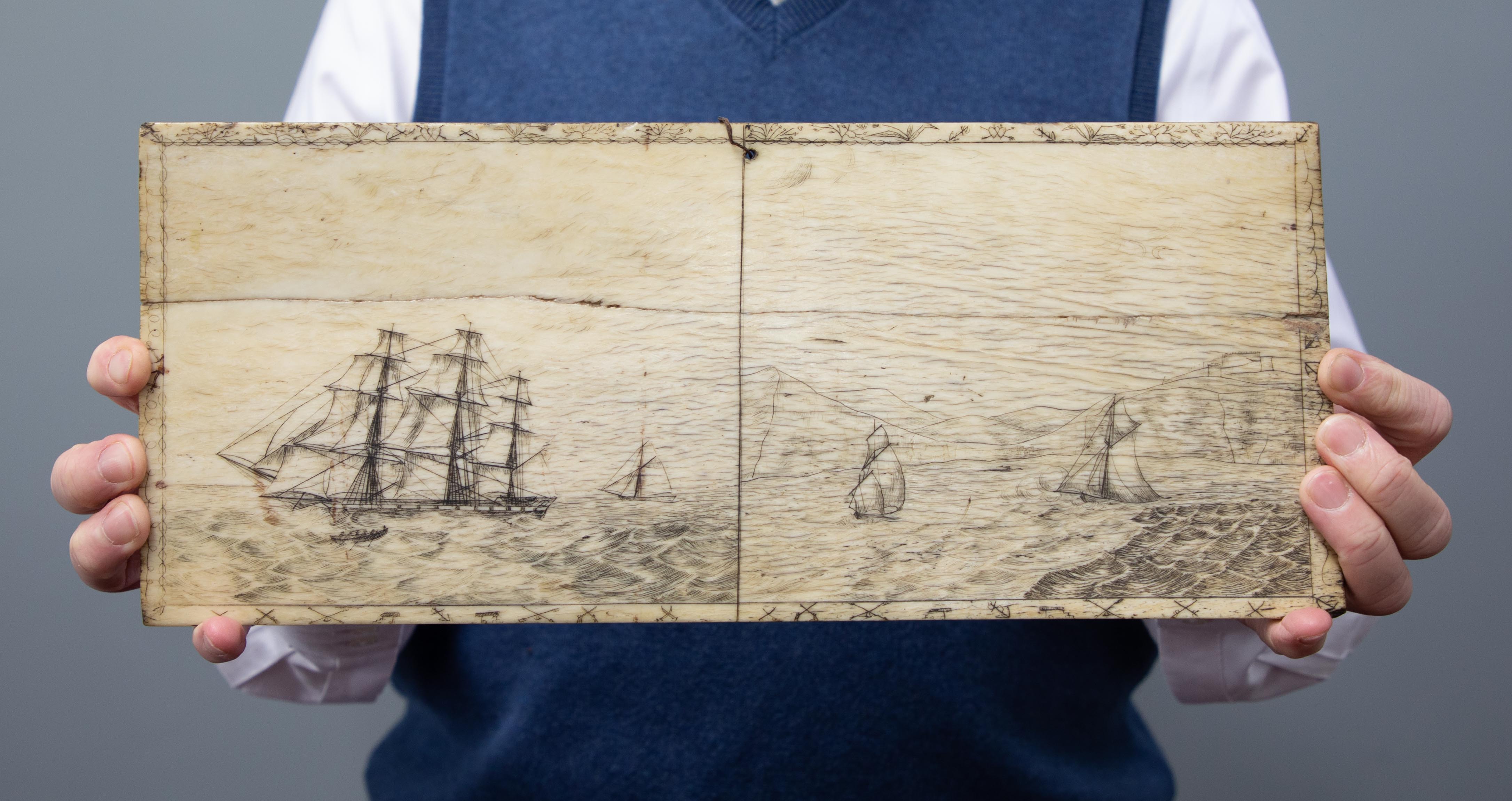 A 19th century Sailors Scrimshaw bone panel, whale bone, decorated with a scene of sailing ships off - Image 2 of 7