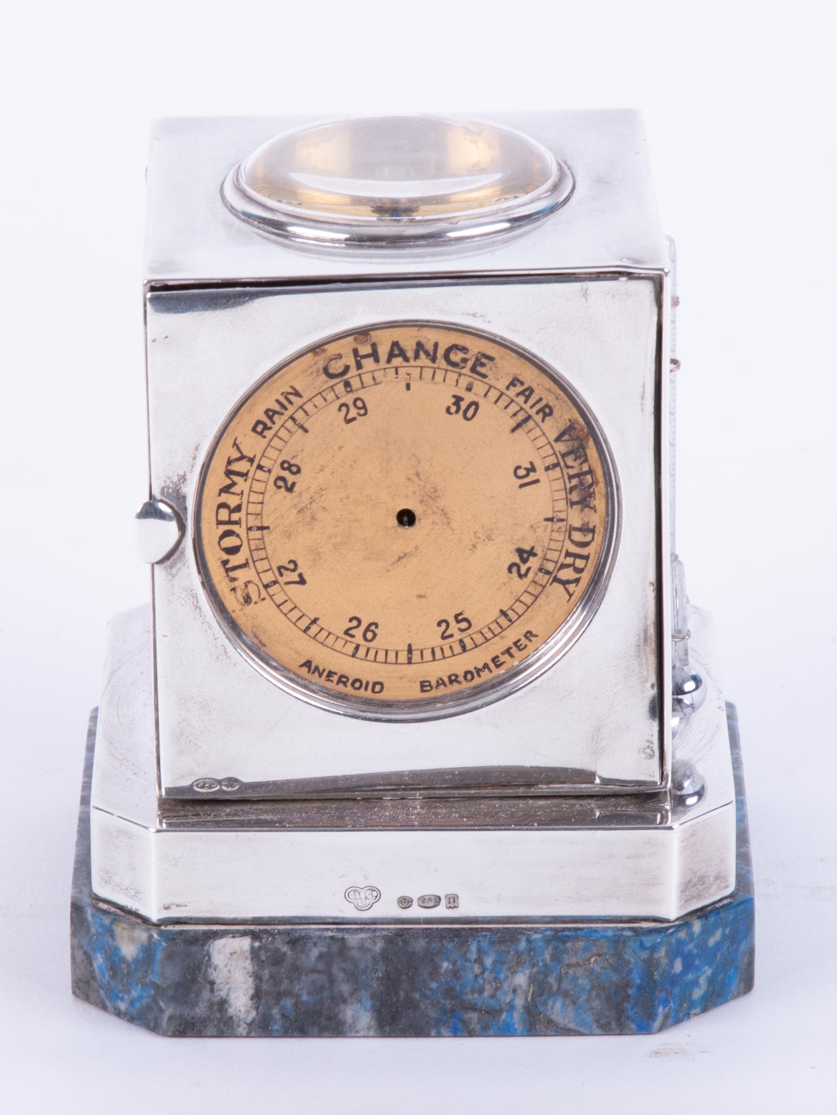 Goldsmiths & Silversmiths, a silver square combination desk clock weather station, set with an - Image 4 of 12