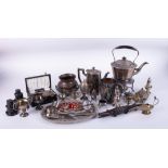 A collection of various silver plated wares including spirit kettle, Aladdin lamp, also small silver