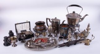 A collection of various silver plated wares including spirit kettle, Aladdin lamp, also small silver