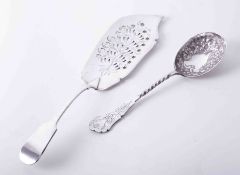 Silver plated decorative berry spoon with twisted handle together with silver plated fish server