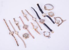 A collection of fourteen 9ct & yellow gold watches to include Gigandet, Roamer,