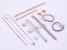 A small collection of costume jewellery including gilt necklaces, dress watches including Oris,
