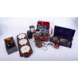 A mixed collection including three dial barometer set, cased scales and weights, Cyma carriage