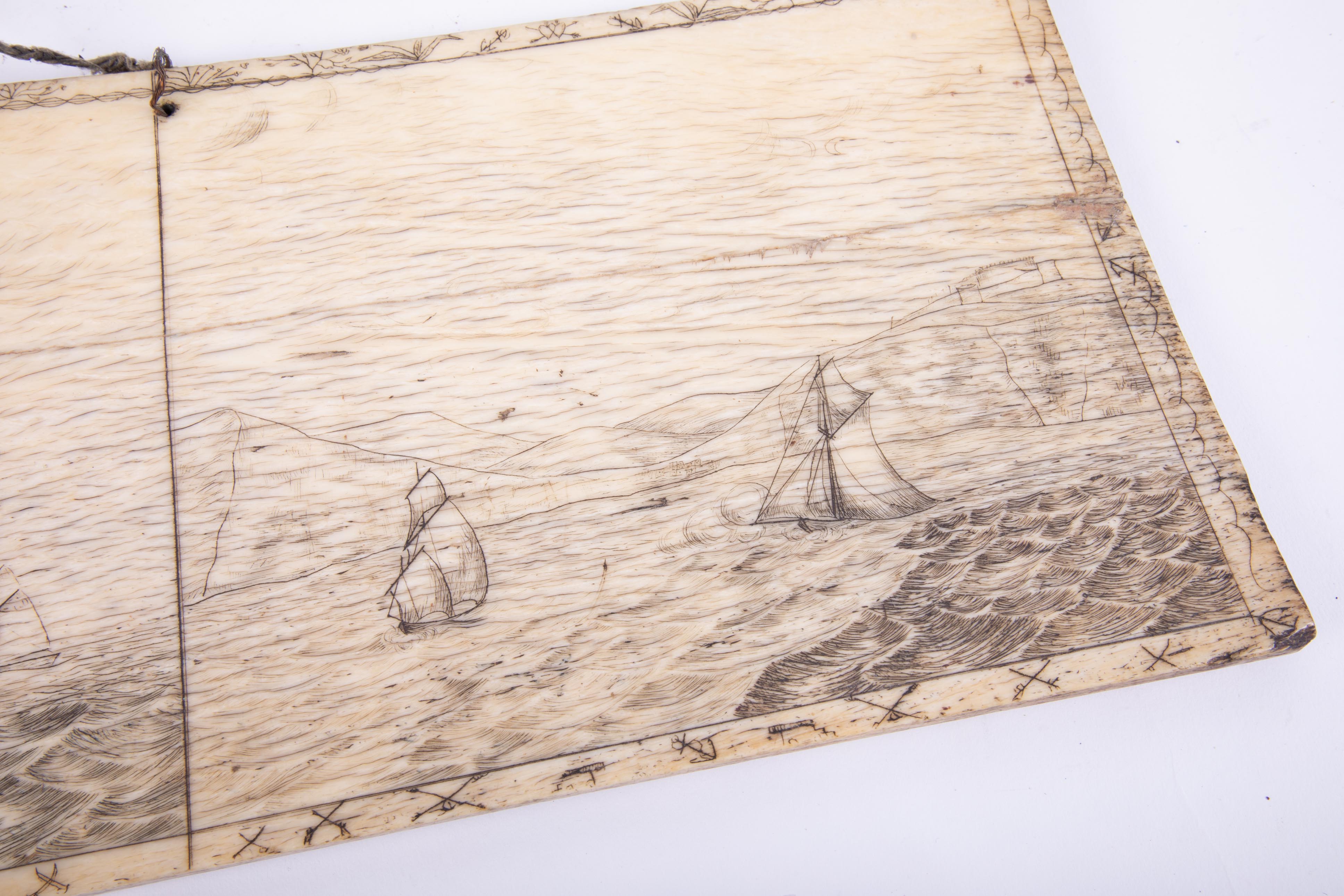 A 19th century Sailors Scrimshaw bone panel, whale bone, decorated with a scene of sailing ships off - Image 6 of 7