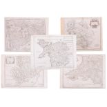 Five antiquarian unframed maps including Meridies, Robert Morden, Monmouth, also the New & Correct