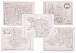 Five antiquarian unframed maps including Meridies, Robert Morden, Monmouth, also the New & Correct