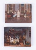 Two 19th century miniature oil paintings on panel, one signed 'Vibert', each approx. 9cm x 13cm,
