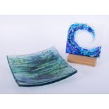 Jo Downs, fused glass square dish, 30cm x 30cm, and a wave design glass plaque.