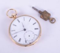 An antique gold (unmarked) open face yellow metal pocket watch with key wind movement, not marked,