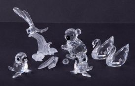 Swarovski Crystal Glass, 'Koala, Swans, Dragonfly and two Seals', some damaged.