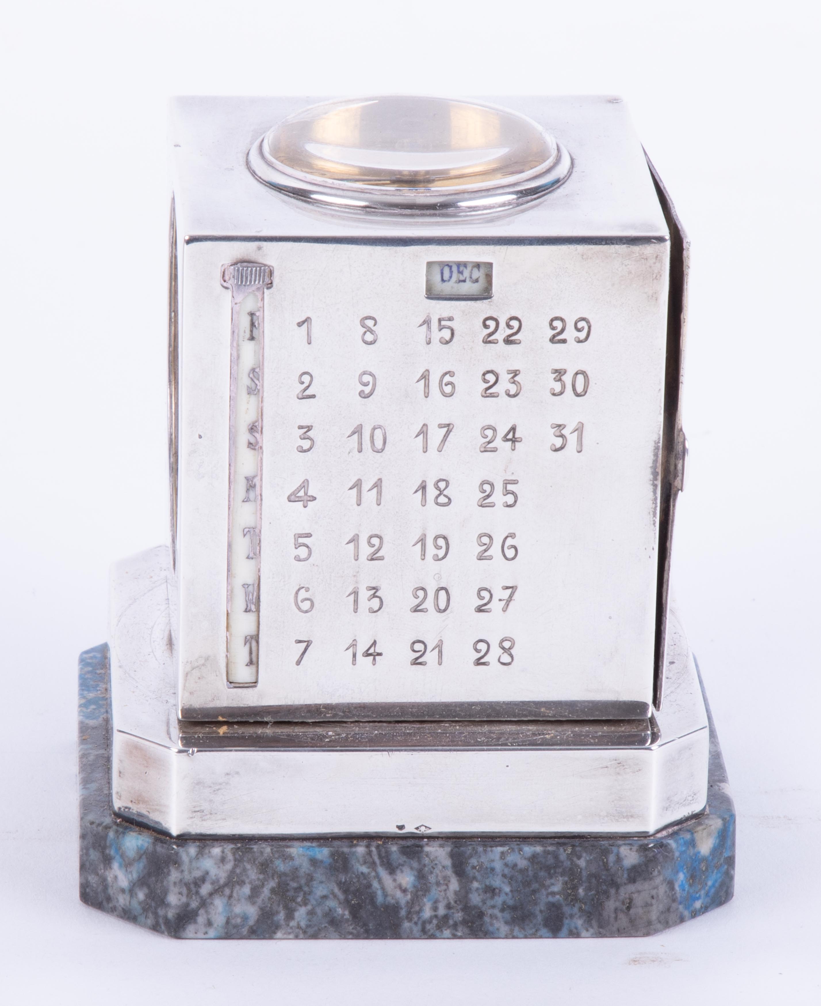 Goldsmiths & Silversmiths, a silver square combination desk clock weather station, set with an - Image 3 of 12