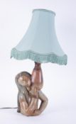 A Lladro lady lamp holding water jug with shade.