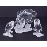 Swarovski Crystal Glass, 'Owl, Parrot and Butterfly Fish', boxed.