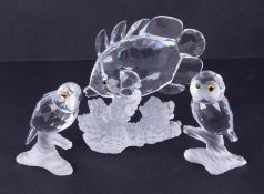 Swarovski Crystal Glass, 'Owl, Parrot and Butterfly Fish', boxed.