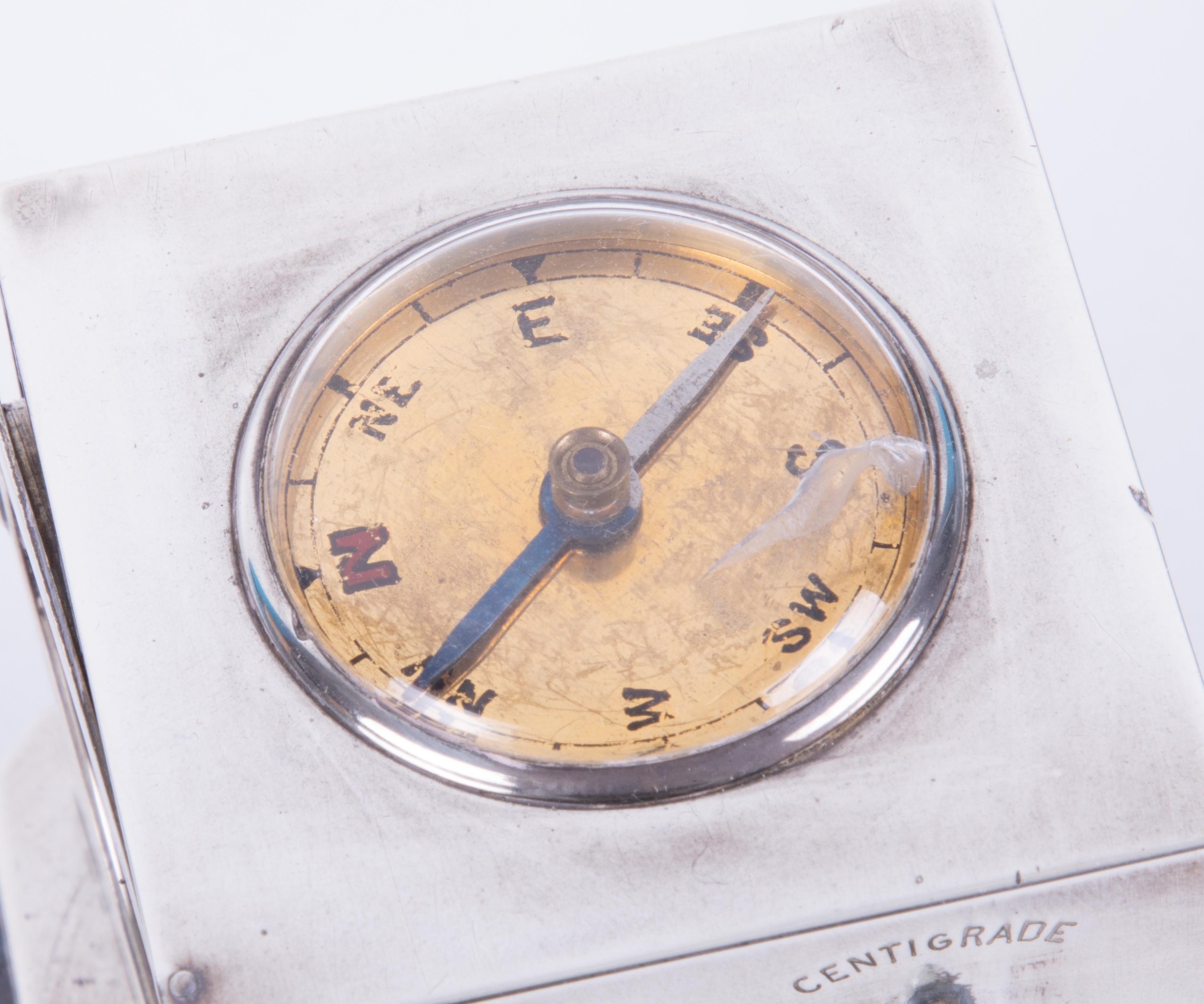 Goldsmiths & Silversmiths, a silver square combination desk clock weather station, set with an - Image 6 of 12