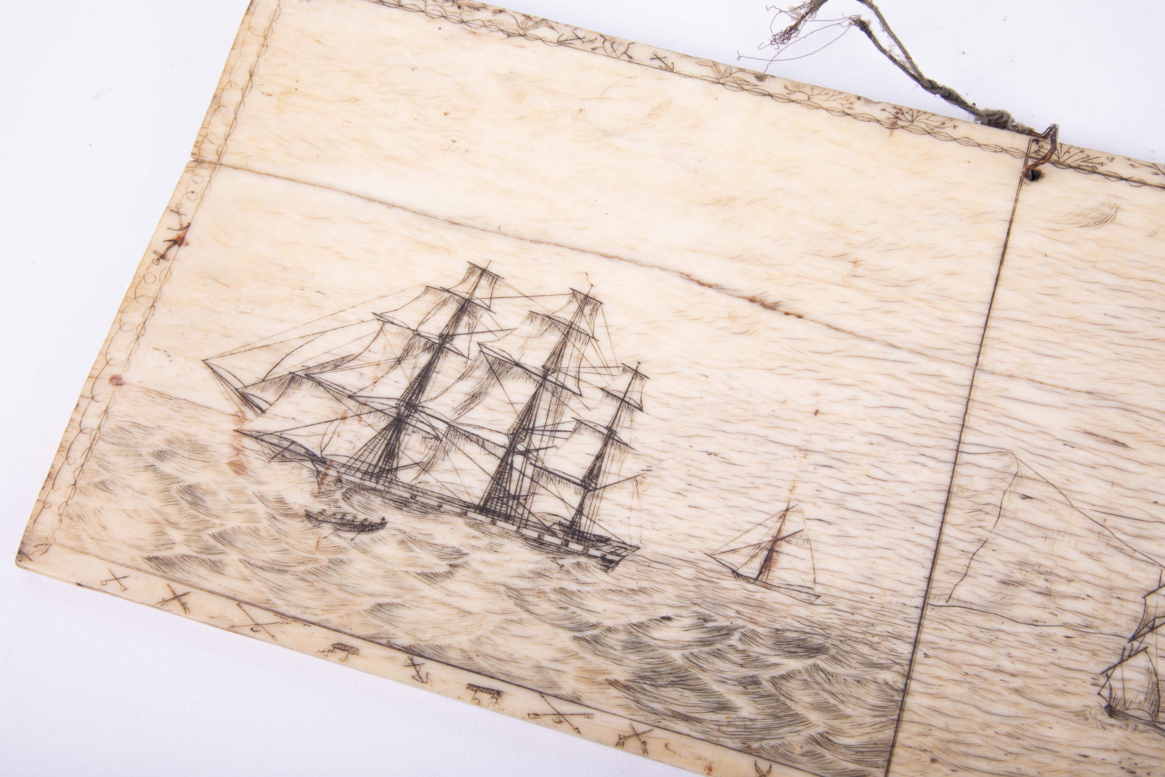 A 19th century Sailors Scrimshaw bone panel, whale bone, decorated with a scene of sailing ships off - Image 7 of 7