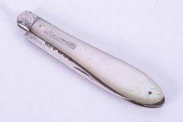 A Victorian silver and mother of pearl pocket 'fish' knife.