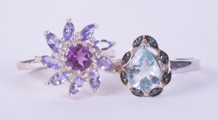 Two silver rings to include a silver Amethyst & Tanzanite flower cluster ring and a silver