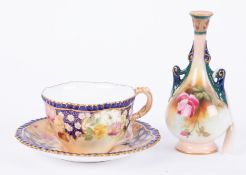 Royal Worcester, porcelain cup & saucer together with a miniature vase decorated with roses,