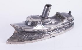 A silver plated, probably WMF, steam boat pen and ink stand.