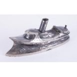 A silver plated, probably WMF, steam boat pen and ink stand.