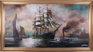 Andrew F Kennedy, oil on canvas of either 'Themopolae' or 'Pericles' being towed up the