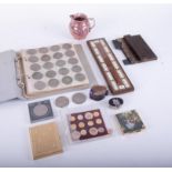 A mixed lot including general coins, military buttons, small trinket boxes, compact mirror etc.