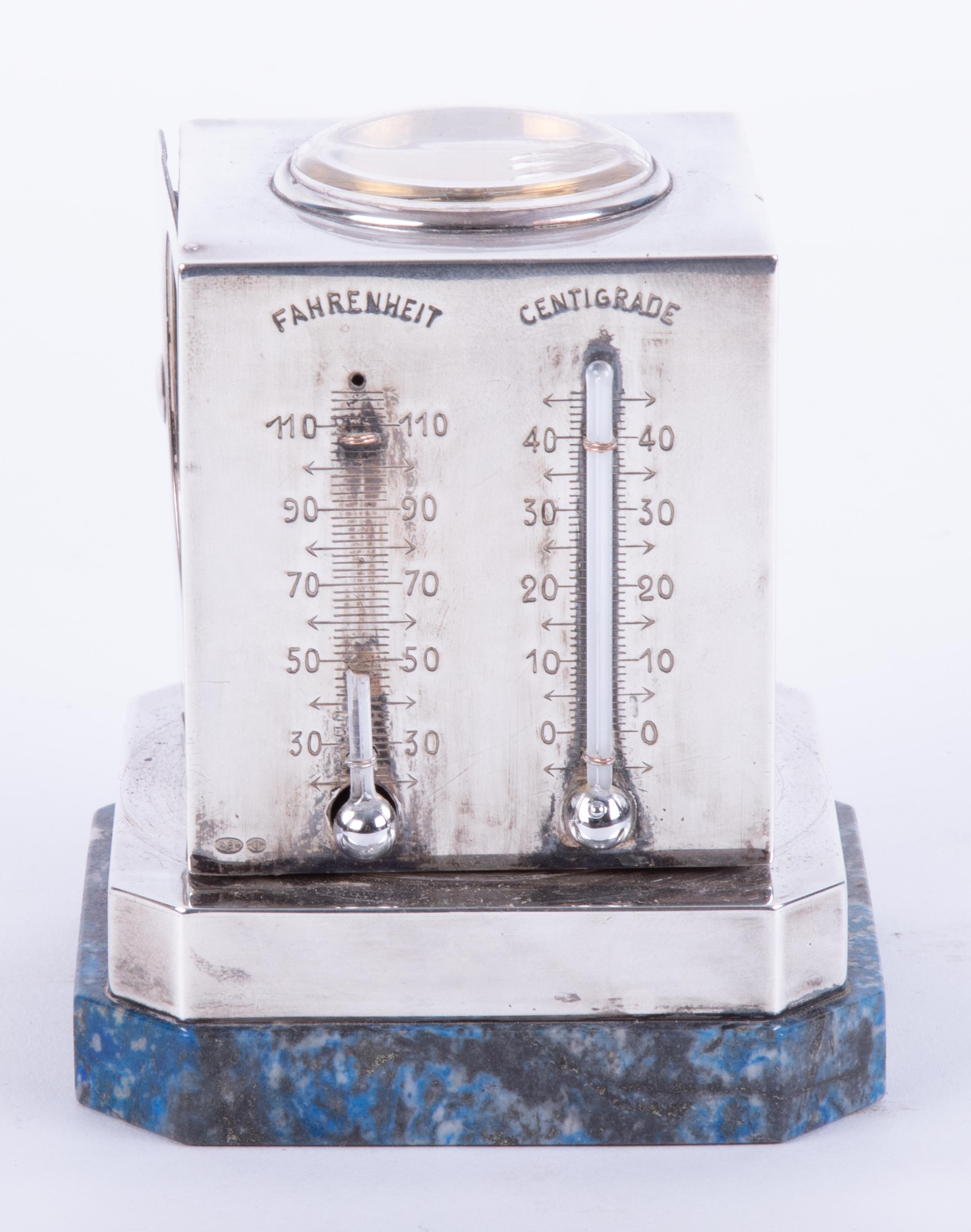 Goldsmiths & Silversmiths, a silver square combination desk clock weather station, set with an - Image 5 of 12