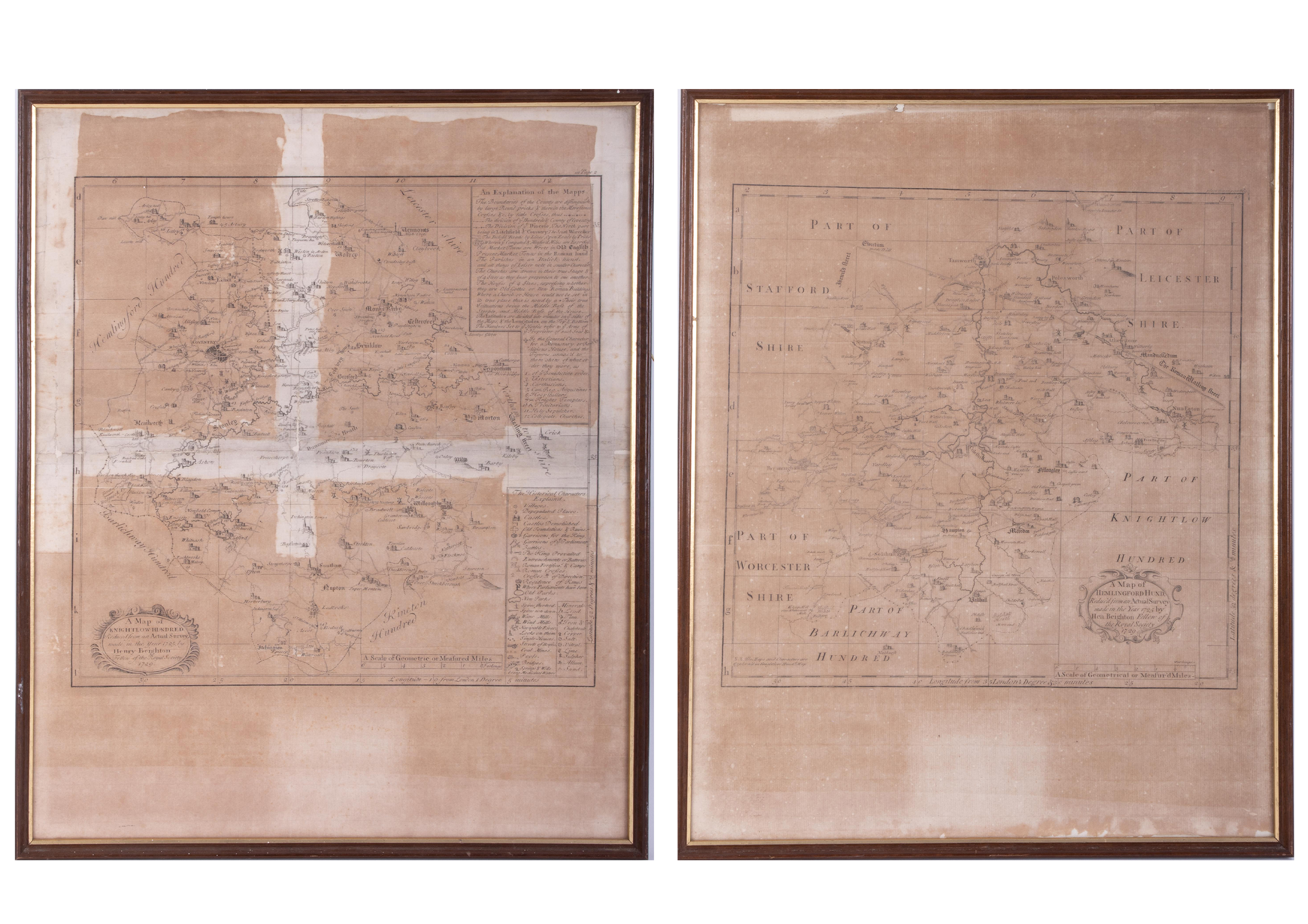 Henry Beighton, an 18th century map of Hemlingford Hundred, 1729, together with a map of Knightlow