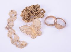 Five items of jewellery to include a 9ct yellow gold filigree butterfly brooch, 2.93gm, a 9ct yellow