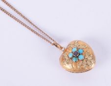 A Victorian yellow & green gold (not hallmarked or tested) heart locket set with turquoise &