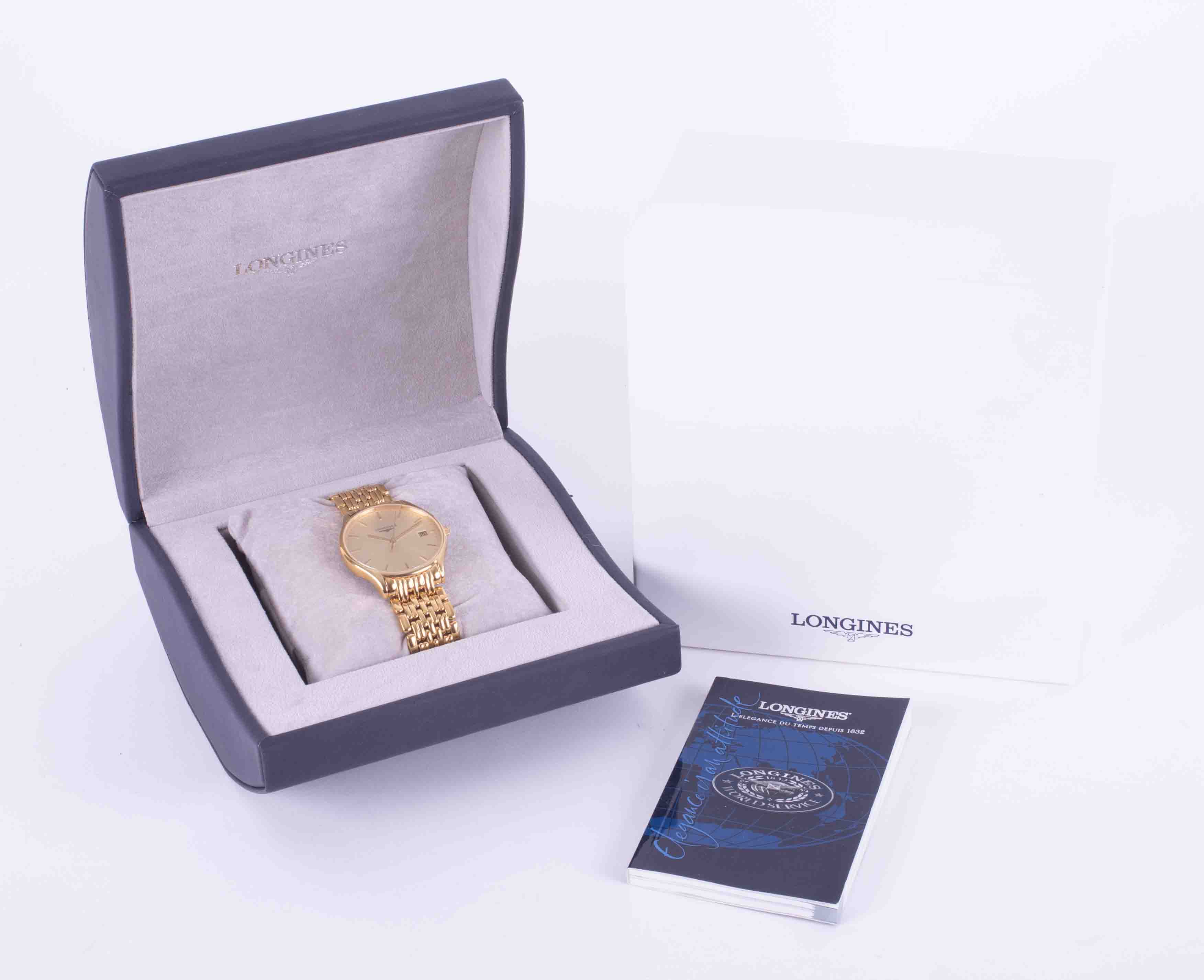 Longines, a gents gold plated Lyre wristwatch with date window, champagne dial, flexi link bracelet, - Image 2 of 2