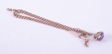 A 9ct rose gold albert chain with T-bar, hallmarked on links and T-bar, with a yellow gold (not