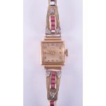 Ancre, a ladies Art Deco 18ct & 9ct yellow gold watch set with square cut synthetic rubies