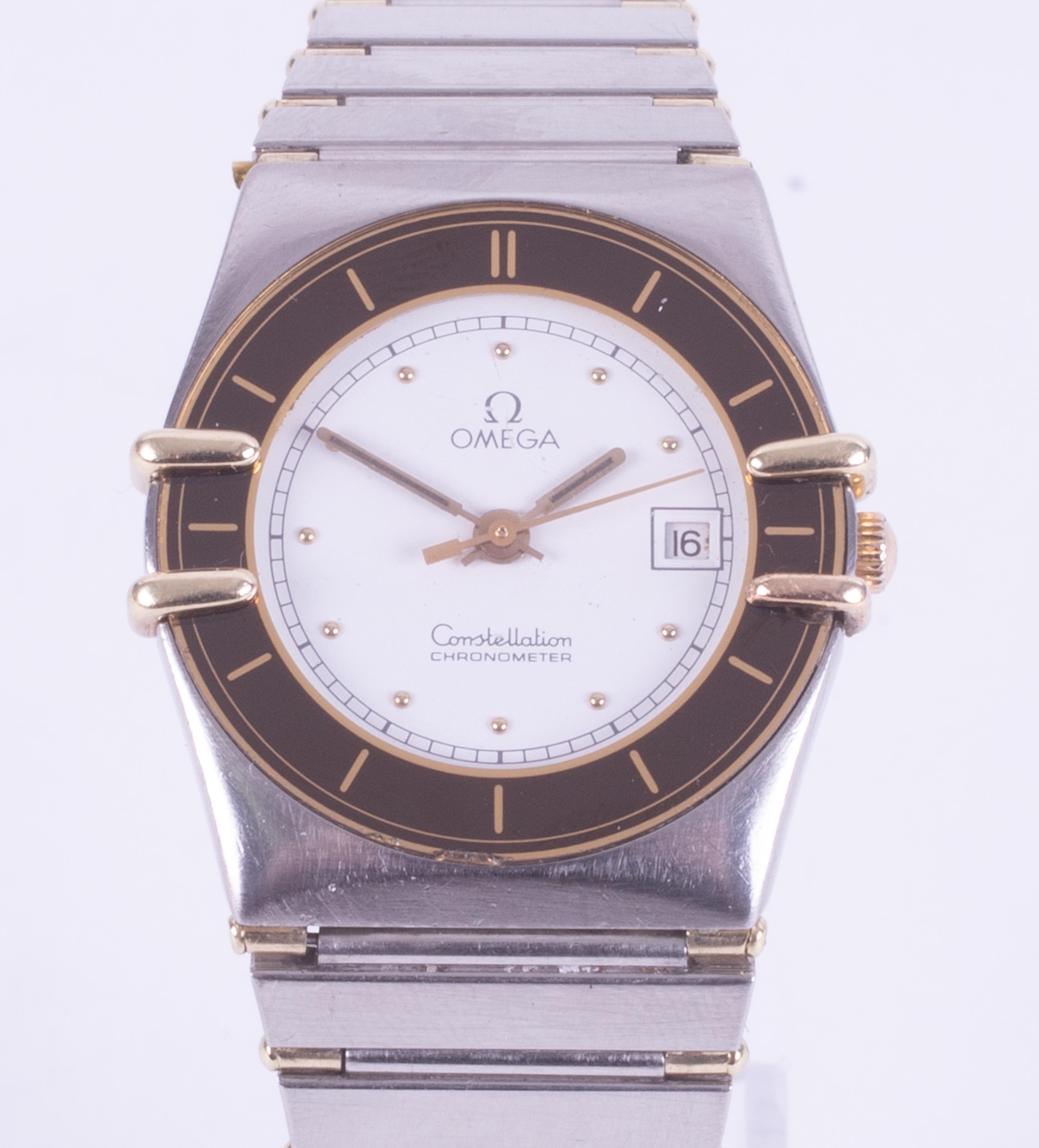 Omega, a ladies stainless steel & gold Omega Constellation chronometer quartz wristwatch, white