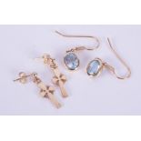 Two pairs of earrings to include a pair of 9ct yellow gold cross earrings with post & butterfly