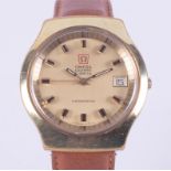 Omega, a gent's Omega electronic f300Hz chronometer gold plated wristwatch with tan