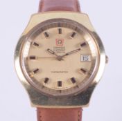 Omega, a gent's Omega electronic f300Hz chronometer gold plated wristwatch with tan