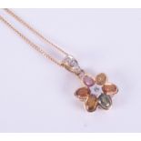 A 9ct yellow gold flower pendant set with oval cut multicolour sapphires and a tiny round