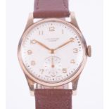 J.W. Benson, a 9ct yellow gold cased wrist watch with brown leather strap, arabic/second subs