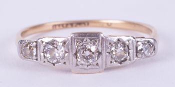 An 18ct yellow gold & platinum Art Deco five stone diamond ring set with old round cut diamonds, 2.