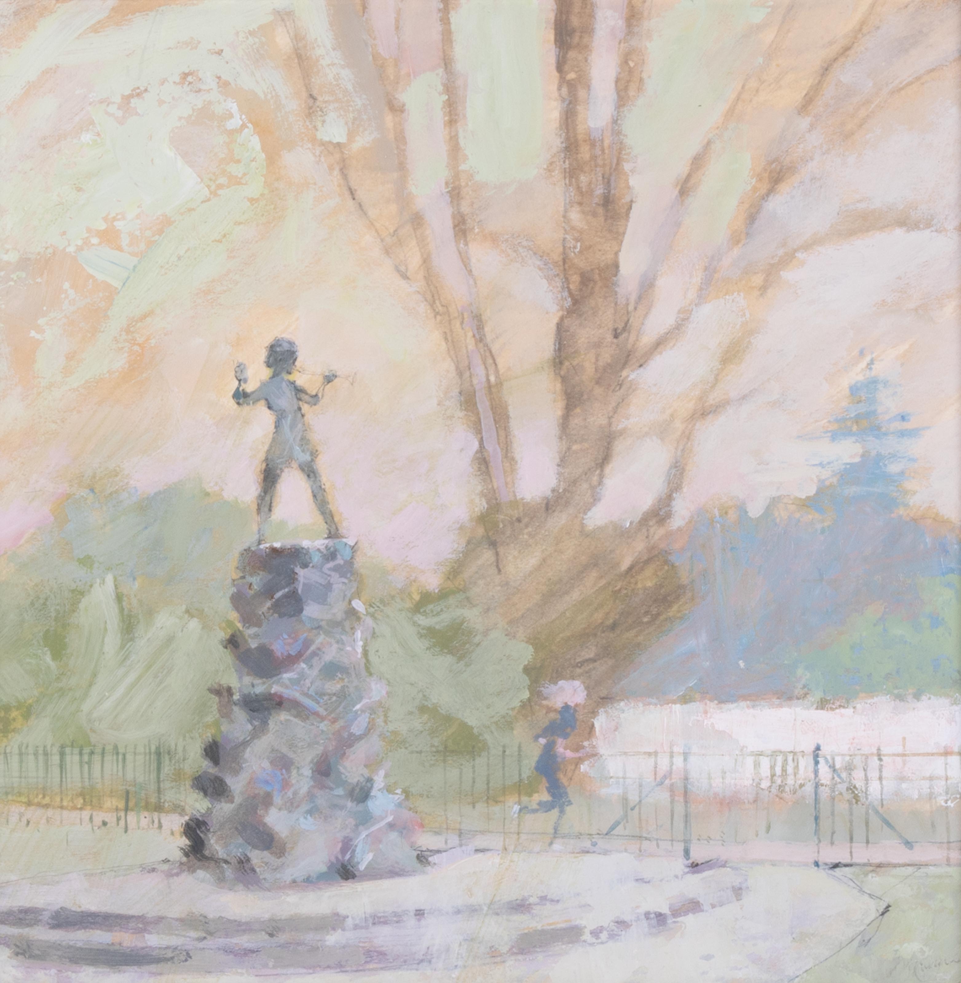 Terry McKivragan (1929 - 2012) 'Peter Pan at Kensington Gardens' oil on board, signed, 25cm x - Image 2 of 2