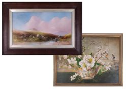 G. Shaw, traditional oil on board, Moorland scene, 34cm x 60cm together with, still life flower